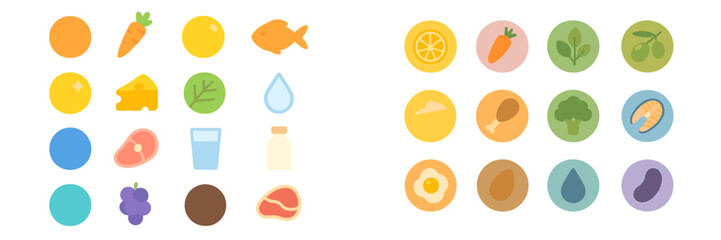 Colorful food icons arranged in a grid showcasing various fruits, vegetables, and culinary items on a light background