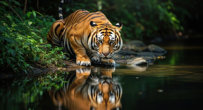 Tiger Drinking Water in Green Forest – 4K Nature Stock Image