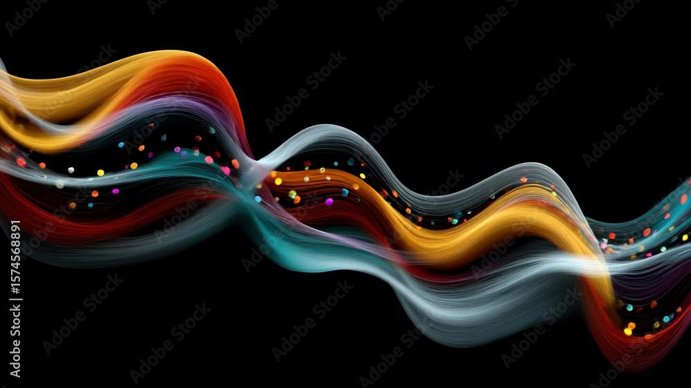 Poster Abstract wave composition with multicolored streams and glowing dots on a black background