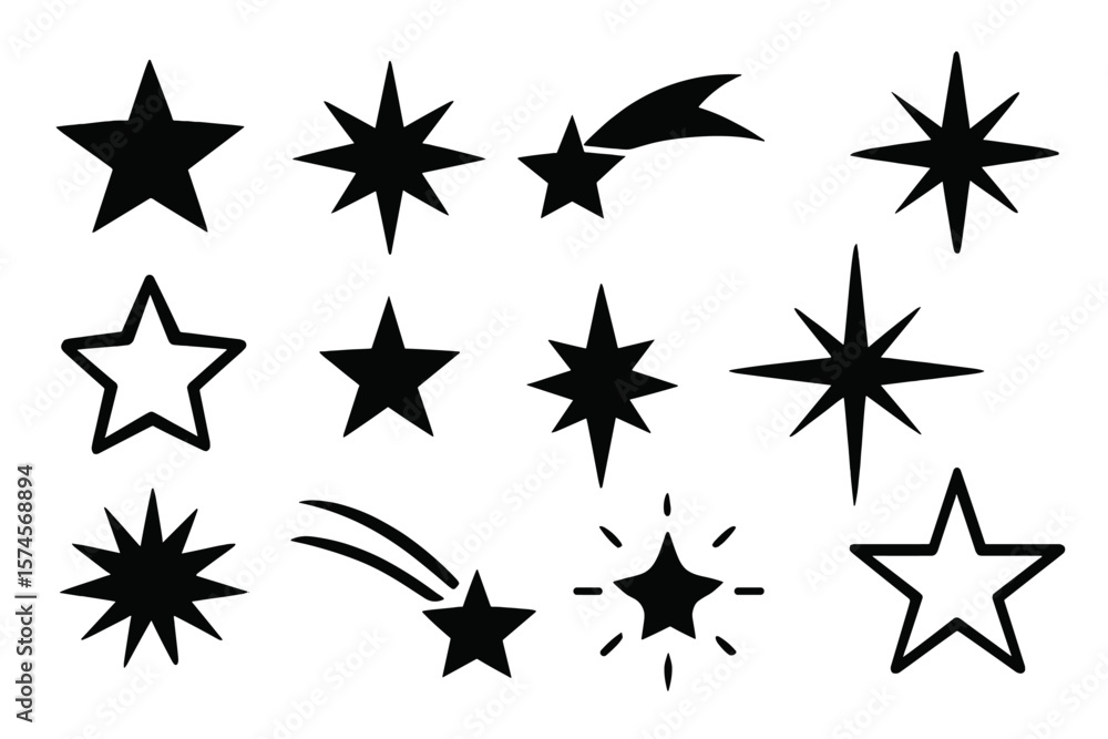 Poster various star shapes and designs showcasing different star patterns on a plain background
