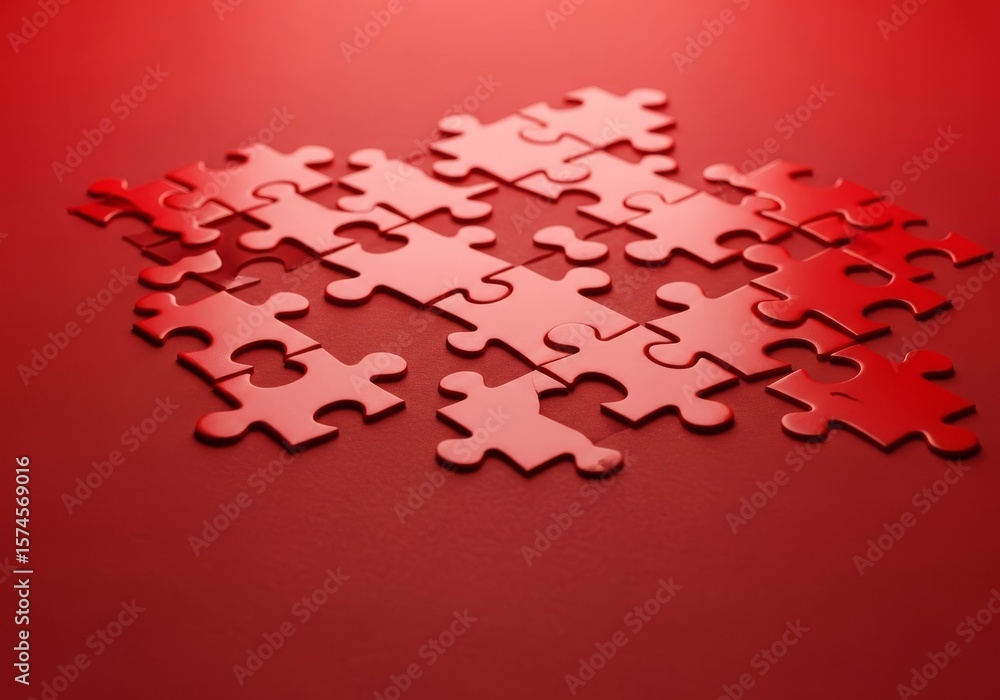 Poster red puzzle pieces on red background - scattered red jigsaw puzzle pieces on a red surface, suggestin