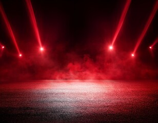 the dark stage shows red background an empty dark scene neon light spotlights the asphalt floor and studio room with smoke float up the interior texture for display products