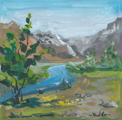Illustration landscape gouache summer nature mountains and river