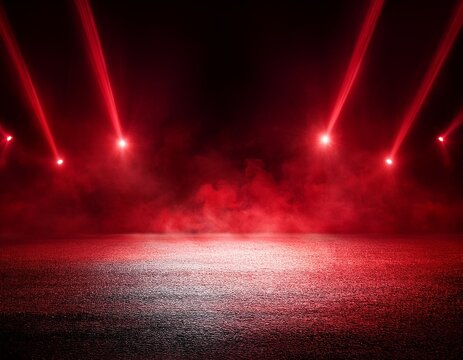 the dark stage shows red background an empty dark scene neon light spotlights the asphalt floor and studio room with smoke float up the interior texture for display products