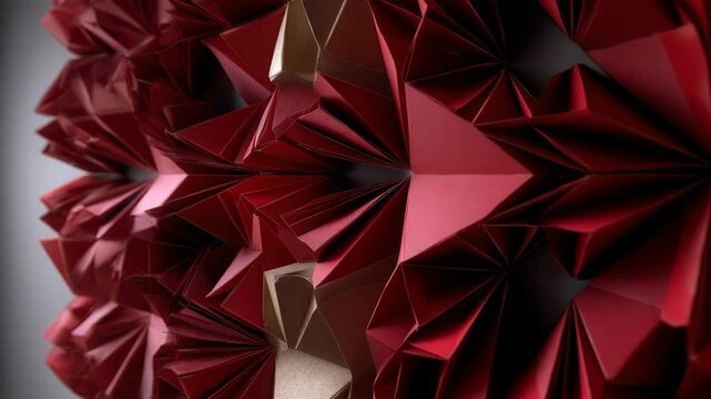 Abstract composition of red and gold geometric origami shapes on a neutral background