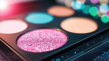 Naklejka premium Close-up captures the vibrant hues of an eye shadow palette, showcasing an array of colors and textures for beauty applications