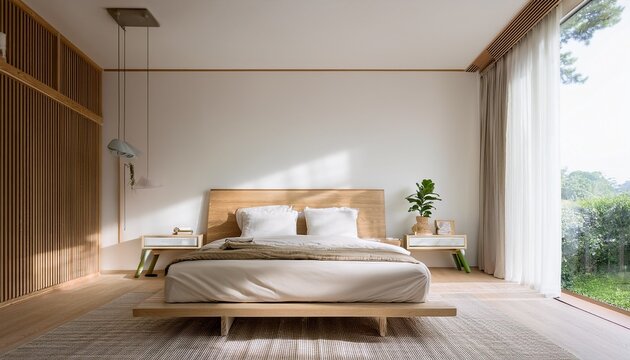 minimal style modern contemporary white bedroom interior with wooden furniture 3d render with large windows natural light shines into the room