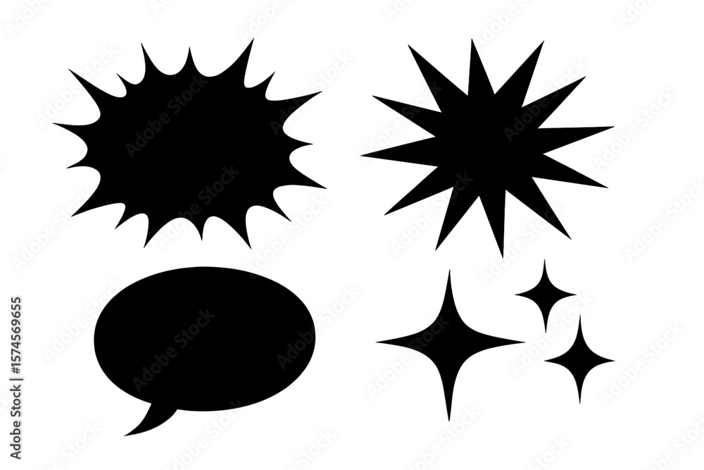 Poster bold and dynamic speech and thought bubbles with starburst shapes for creative design projects and g