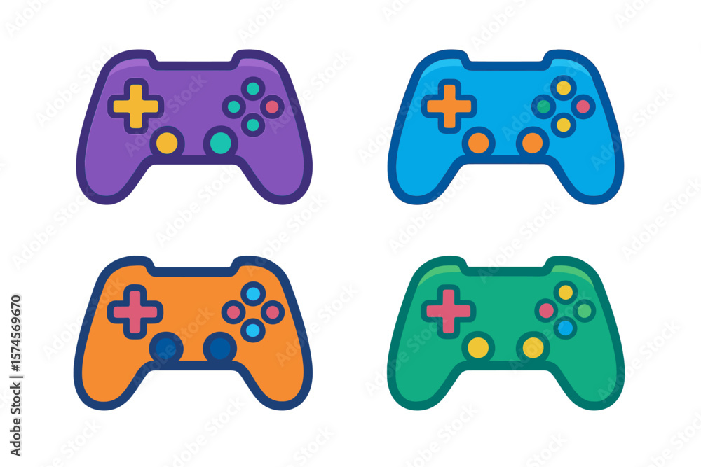 Poster colorful game controllers arranged in a square pattern, showcasing vibrant designs and varied button