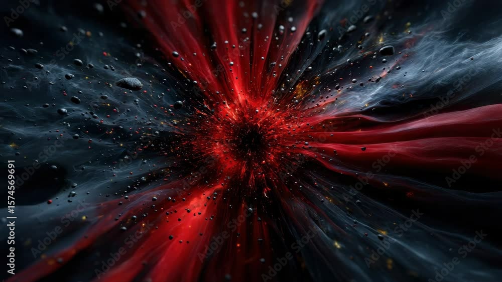 Poster dynamic space composition with explosion and energy flows in red and blue tones