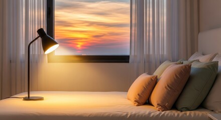 Serene Sunset Bedside Lamp - Peaceful bedroom scene, sunset view, illuminated lamp, cozy pillows, tranquil atmosphere. Symbolizing relaxation, calmness, comfort, warmth, and hope