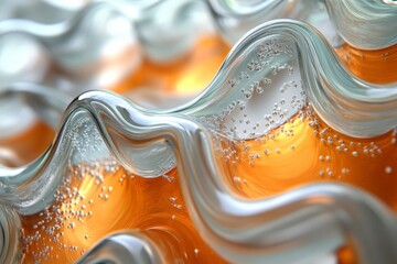 Abstract close-up of orange and silver wavy glass pattern with bubbles