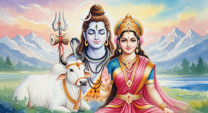 Watercolor Shiv Parvati with Nandi &ndash; Artistic God Wallpaper (16:9)