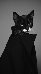 Charming black and white cat wearing a stylish dark coat against gray background
