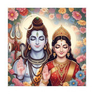 Elegant Shiv Parvati Close-Up with Floral Background &ndash; Square Art (1:1)