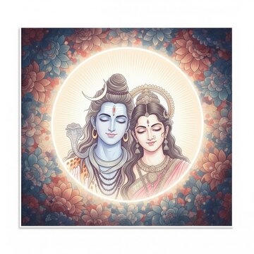 Elegant Shiv Parvati Close-Up with Floral Background &ndash; Square Art (1:1)