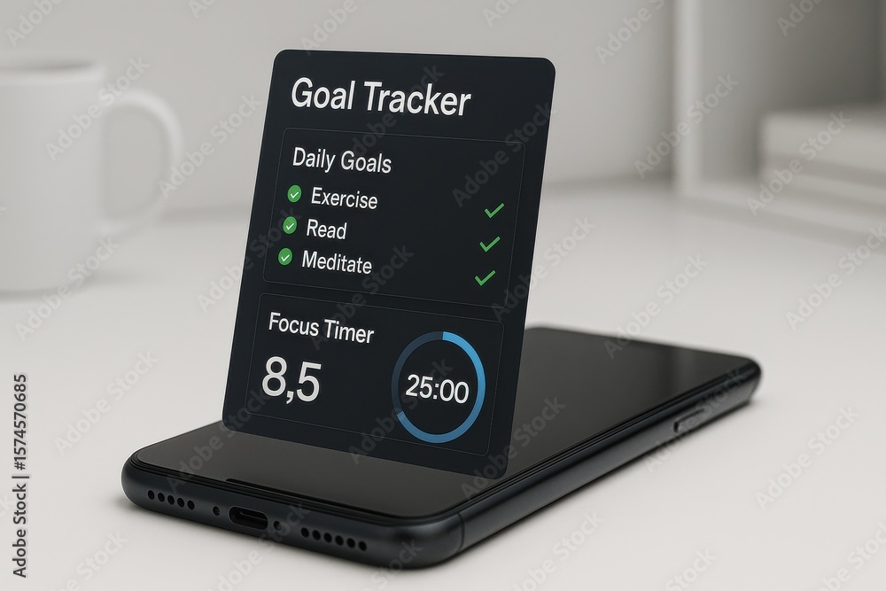 Aufkleber minimal smartphone goal tracker displaying daily checklist for exercise, reading, meditation, and fo