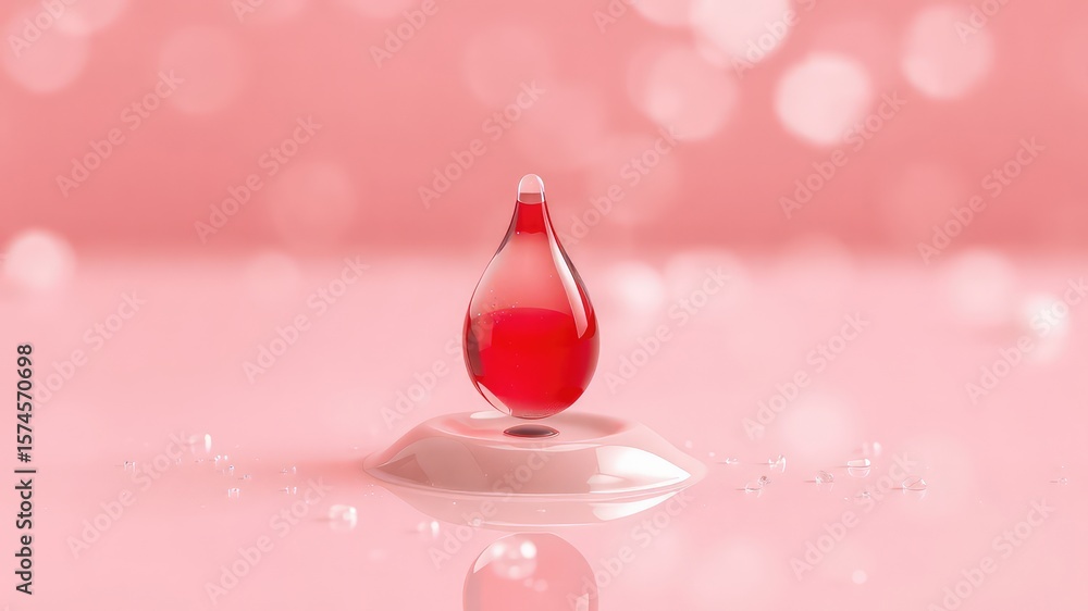 Poster abstract depiction of a red droplet resting on a glossy surface with small water globules and soft b
