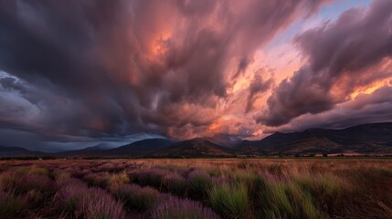 Fototapeta premium Dramatic sunset over lavender field