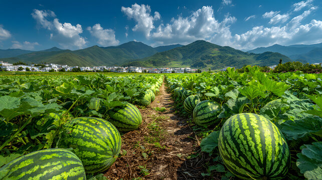 Lush watermelon patch extends towards the horizon, rural scene with mountains and blue sky backdrop.