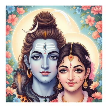 Elegant Shiv Parvati Close-Up with Floral Background &ndash; Square Art (1:1)
