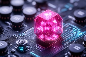 Glowing pink cube on circuit board with electronic components