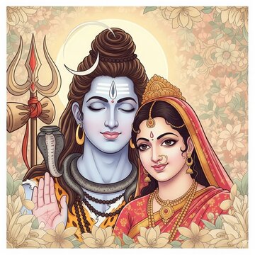 Elegant Shiv Parvati Close-Up with Floral Background &ndash; Square Art (1:1)