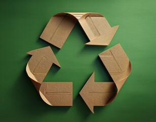 3d render of a recycle symbol made from corrugated cardboard on a green textured background representing sustainable and eco friendly packaging design