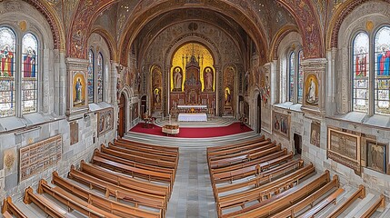 High-angle view of a church interior with rows of pews.