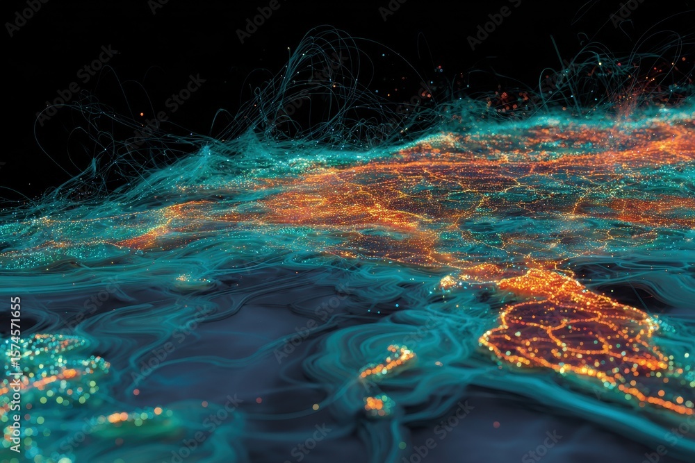 Poster abstract digital art displaying global network traffic with flowing lines of data