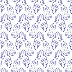 Artistic seamless pattern with tropical coral reef and ocean elements. Designed in a handcrafted style for textiles, backgrounds, or ocean-themed decor.