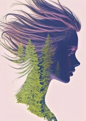 Silhouette of woman with forest hair: nature and human connection