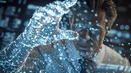 Futuristic businessman interacting with digital holographic interface, illuminated by glowing data particles in a high-tech environment. Concept of innovation, AI and advanced technology
- Powered by Adobe