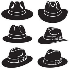 black vector set various fedora hat also outline silhouettes
