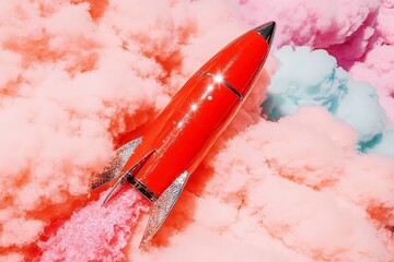 Retro red rocket flying through colorful cloudscape