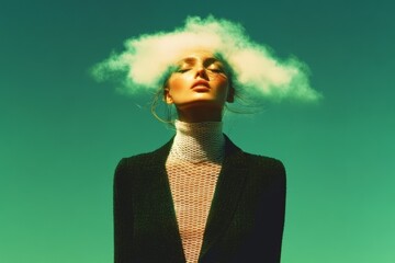Caucasian woman in artistic cloud headpiece with green background