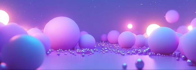 Colorful spheres and glowing lights create a surreal atmosphere in an abstract landscape during twilight