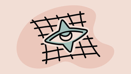 Stylized eye inside a star shape on a grid with a pink background and blob shape design element