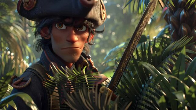 Angry cartoon pirate with an eye patch staring ahead while two crew members with swords approach in the background on a tropical island. Concept of adventure, danger and pirate life
