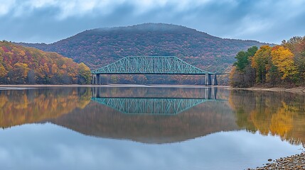 Autumnal bridge reflection over calm water.