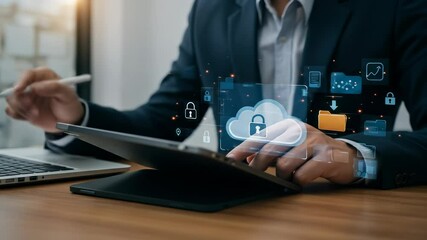 Cloud data security for business operations. A focused male professional uses technology on a tablet, ensuring protection of information and privacy through cybersecurity within a digital network. - Powered by Adobe