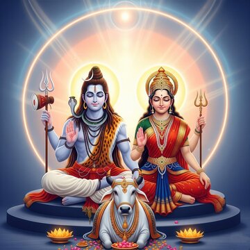 Shiv Parvati with Nandi and Aura &ndash; Square Spiritual Design (1:1)