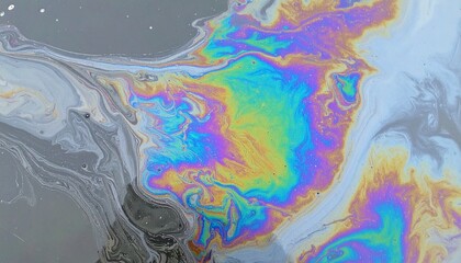 Naklejka premium Vivid iridescent oil slick creates a colorful abstract texture with swirling patterns on a reflective gray surface.