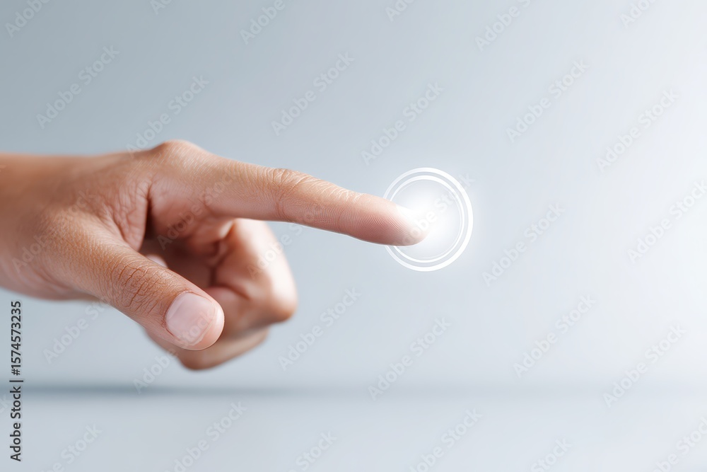 Poster hand touching vibrant circle on soft background with focus on fingertip
