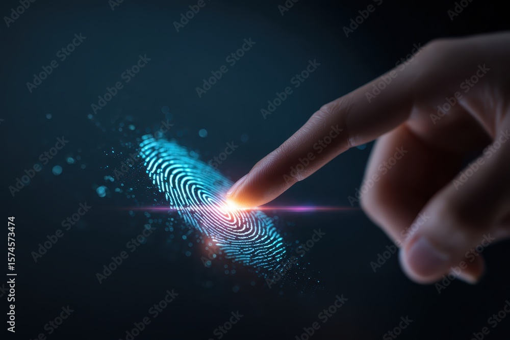 Poster touching digital fingerprint in futuristic concept of identity verification
