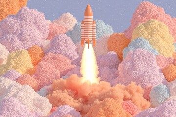 Retro rocket launching through colorful cotton candy clouds in dreamscape sky