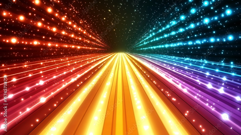 Poster dynamic colorful pathway with glowing particles.