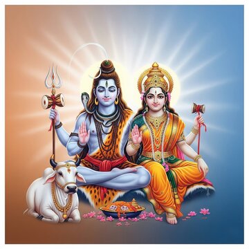 Shiv Parvati with Nandi and Aura &ndash; Square Spiritual Design (1:1)