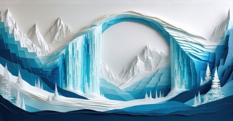 Papercraft landscape depicts mountains, waterfall, trees. Blue hues dominate, creating serene winter scene. Minimalist style, artistic composition.