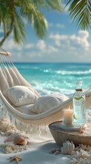 Vertical format. Close-up tropical beach scene with a hammock, soft pillows, a candle and a refreshing drink on a wooden tray. Warm beige tones of the sand contrast with the turquoise ocean and bright